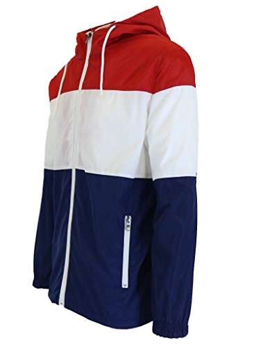 Spire Mens Red White and Blue Classic Full Zip Windbreaker with Attached Hood Size Medium