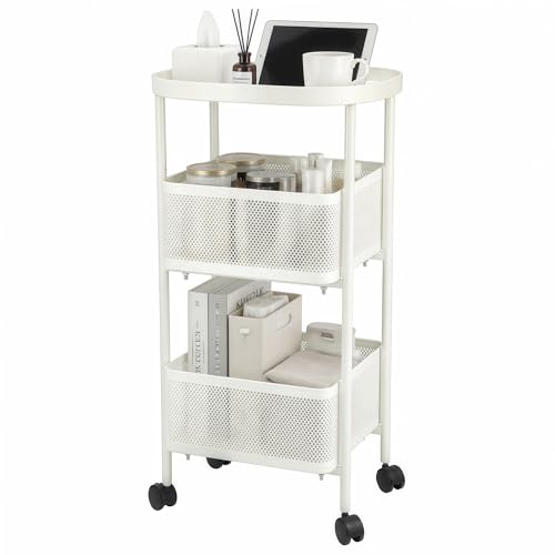 PLSOPPKG - 3 Tier Rolling Cart, Metal Storage Carts with Wheels, Craft Cart Organizer, Mesh Basket for Bed, Kitchen, Office, Art, Milky White