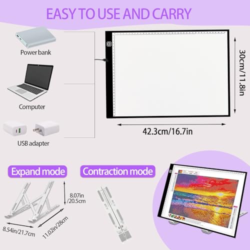 DNSGOOR 247Pcs Diamond Art Accessories Kit, Diamond Painting Tools Kit with Light Table for Tracing A3, Diamond Art Sealer Glue Craft DIY