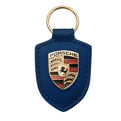 Porsche crest blue leather keyfob