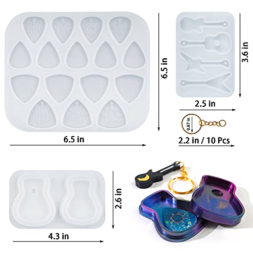 13Pcs Guitar Musical Pick Resin Mold, Triangle Pick Resin Mold Resin Cast Silicone And Guitar Pick Box Mold, Music Accessories Epoxy Resin Mold, With 10Pcs Golden Keychain, Necklace, Decoration (Guitar Pick Mold)