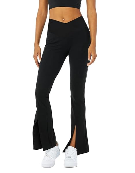 WOMEN’S CROSSOVER HIGH WAISTED BOOTCUT YOGA PANTS FLUTTER LEGGINGS FRONT SPLIT FLARE LEG WORKOUT PANTS WORK PANTS DRESS PANTS BLACK