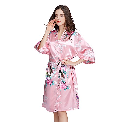 Amzchoice Women's Short Sleeve Kimono Robe Peacock & Blossoms for Spa, Wedding Bridal and Bridesmaid (S, Magenta) - Thumbnail 5