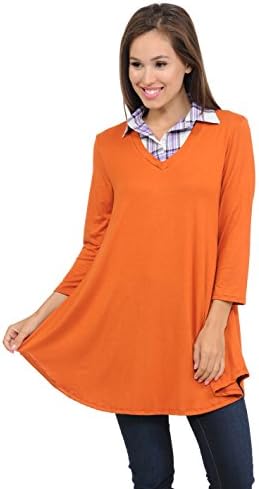 Daisy Queen 3/4 Sleeves Combination Layered Look Built Collared Comfy V-neck Tunic For All Seasons,XX-Large,Burnt orange