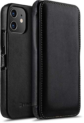 STILGUT Case Compatible with iPhone 12 Mini, Side Flip Case and Clip Closure Genuine Leather Nappa Black