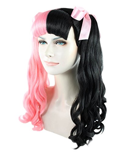Two Tone Long Curly Ponytail Wigs with Bangs Ribbon Bows for Cosplay Halloween Party Pink and Black - Image 2