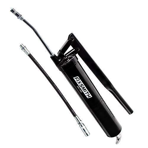 FIXSMITH Professional Lever Action Grease Gun- Heavy Duty Construction-10,000 PSI Max Pressure,Includes 12" Reinforced Flex Hose & 7" Rigid Extension,2-Way Loading-14 oz.Cartridge & Bulk Fill.