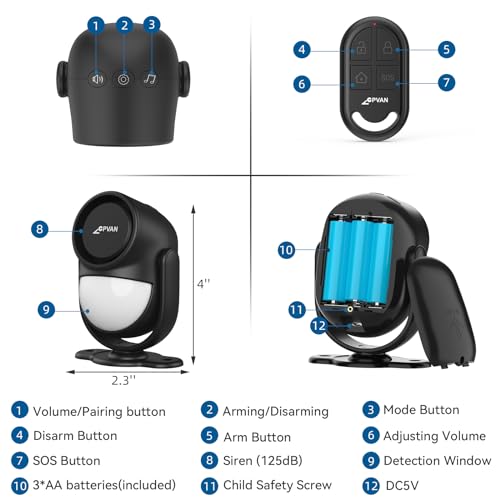 CPVAN Indoor Motion Sensor Alarm with Siren, Wireless Infrared DIY PIR Motion Detector Burglar Alarm System, Battery Operated, 125dB Adjustable, Remote Control for Home/Garage/Van/Shed/Shop. (Black)