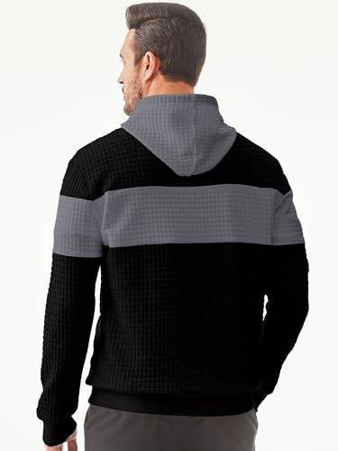 JMIERR MEN’S PLAID HOODIES DRAWSTRING KNIT HOODIE PULLOVER CASUAL WAFFLE HIPSTER SWEATSHIRTS LONG SLEEVE SWEATERS, US38(S), A BLACK