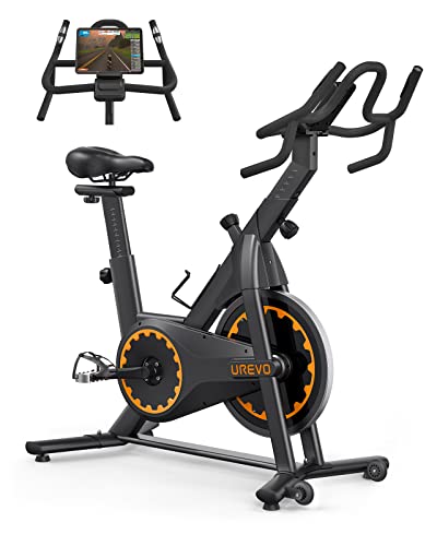 UREVO indoor Cycling Bike, Stationary Bike, Exercise Bike with Ipad Mount, Comfortable Seat Cushion, Silent Belt Drive Cycle Bike for Home Workouts Gym