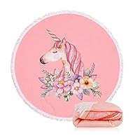 Hokic Unicorn Beach Towel for Girls, 59inch Large Round Beach Towel Blanket with Tassels Ultra Soft Microfiber Super Water Absorbent Multi-Purpose Beach Throw