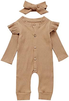 US Newborn Baby Girl Boy 2Pc Linen Clothes Set Knitted Ribbed Romper Ruffle Jumpsuit Overalls Outfits Solid Color