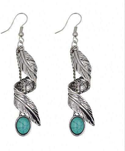 megko Vintage Bohemian Tibetan Silver Turquoise Leaf Feather Shape Drop Dangle Hoop Earrings (silver)