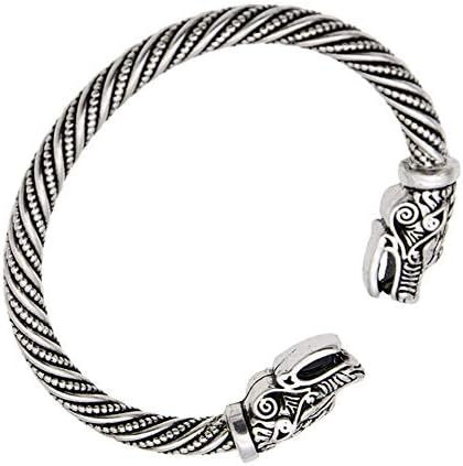 Wolf Head Bracelet, Alloy Norse Viking Fashion Wolf Head Twisted Cable Bangle Cuff Bracelet Arm Ring Pagan Punk Vintage Jewelry (Antique Silver)