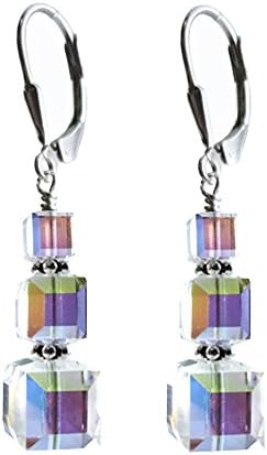 Clear AB Cube Earrings Made With Swarovski Crystal Elements. Sterling Silver Leverback 1.75 Inch