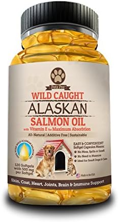 Petz Pro Wild Alaskan Salmon Oil For Dogs &amp; Cats- Best Omega 3 EPA DHA Source Salmon Oil Supplement- Top Wild Salmon Oil For Dogs- 120 Vitamin E 500mg Alaska Fish Oil Capsules- No Mess, No Fishy Odor