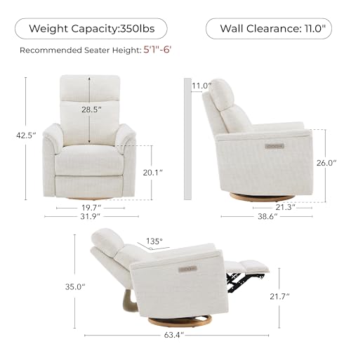 CHITA Power Swivel Glider for Adults with Nightlight, Nursery Recliner Chair with Power Headrest for Living Room, Bedroom, Water-Resistant Boucle Fabric, Boucle Fabric in Pearl | Power Headrest, Water-Resistant Fabric, Nursery Rocking Chairs for Living Room and Bedroom