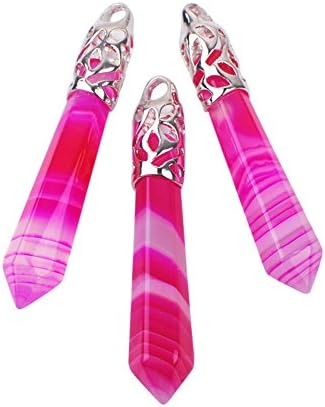 Iminibox 3pcs Gemstone Amethyst Hexagonal Columns Pendulum Reiki Bead Pendant for Necklace Unisex Gift (Stripe Rose Red Agate)