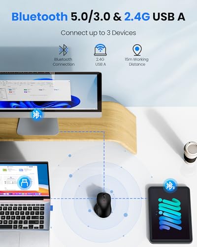 TECKNET Wireless Mouse, Rechargeable Bluetooth Mouse(Tri-Mode: BT 5.0/3.0+2.4G), 4800DPI Adjustable, Ergonomic Cordless Silent Mouse for Laptop, PC, Computer, 6 Buttons, Black