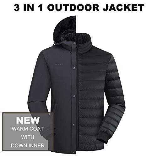 TFO Men's 3-in-1 Down Jacket Waterproof Windproof Hooded Warm Parka Snow Ski Raincoat Winter Outdoor Down Coat Black XXL