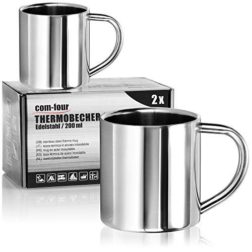 com-four® 2x Edelstahl Thermobecher - 180 ml je Becher - Isolierbecher doppelwandig - Kaffeetasse bruchsicher - Thermo-Trinkbecher - Camping Becher - Tasse - BPA-frei (180ml)