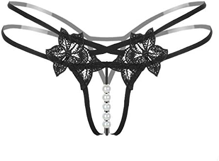 Defline Women's Underwear Pearl Massage Climax Open Crotch Thong Sexy Embroidered Young Women T Pants, Black, One Size