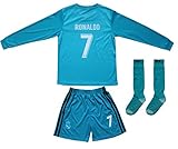 2017/2018 Real Madrid RONALDO #7 Away BLUE Long Sleeve Soccer Kids Jersey & Short Set Youth Sizes