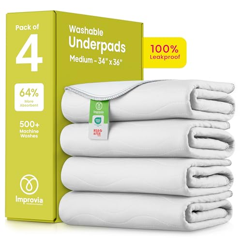 Photo 1 of IMPROVIA® Washable Underpads, Heavy Absorbency Reusable Incontinence Pads for Kids, Adults, Elderly, and Pets - Waterproof Protection Floor (White & White, 4 Pack - 34"x36")