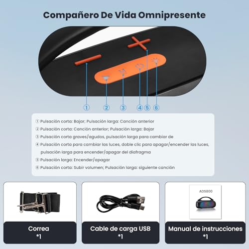 AUDISHAKO Bocina Bluetooth ADS-800, Bocina Portátil Impermeable IPX5 con RGB Boombox, Mango Iluminado, 800W, 3 Modos EQ, Recargable, USB/AUX/TF para Viaje, Fiesta y Hogar