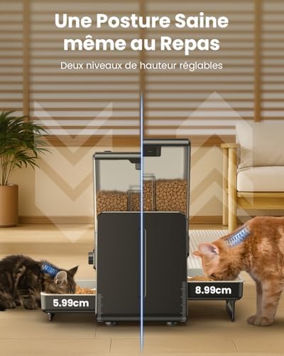 Distributeur automatique de nourriture pour chat pour 2 chats, 5L/20 tasses Distributeur automatique de nourriture pour chat avec bols réglables, panneau de commande amovible, programmation