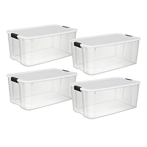 Image of Sterilite 19909804 116 Quart/110 Liter Ultra Latch Box, Clear with a White Lid and Black Latches, 4-Pack