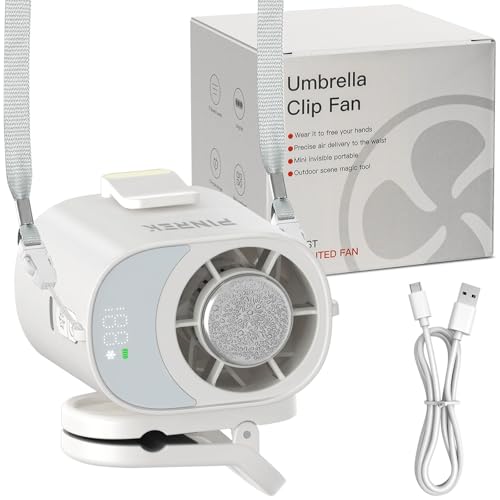 PINREK Clip-On Mini Fan, USB-C Rechargeable 15000 RPM Portable Cooling Fan | With LED Display 5-Level Adjustment, Clip Your Waist/Umbrella/Bicycle/Table, For Summer Use Outdoor, Home, Office, and Sports