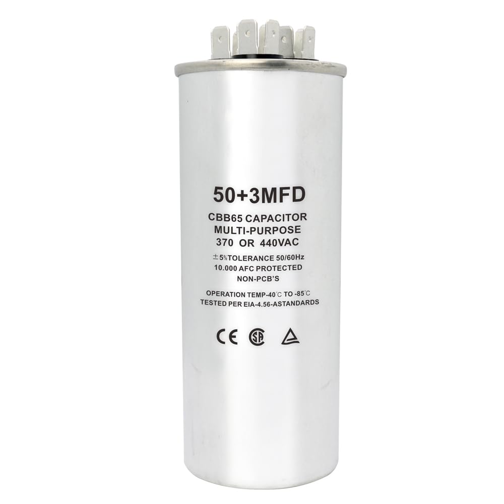 Photo 1 of CBB65 Round Dual Run Circular Start Capacitor, 50 + 3 uF/MFD ±5% 370V/440VAC Combination Capacitor for Compressor AC Motor Run Fan Start Condenser Straight Cool/Heat (50 + 3 uf)