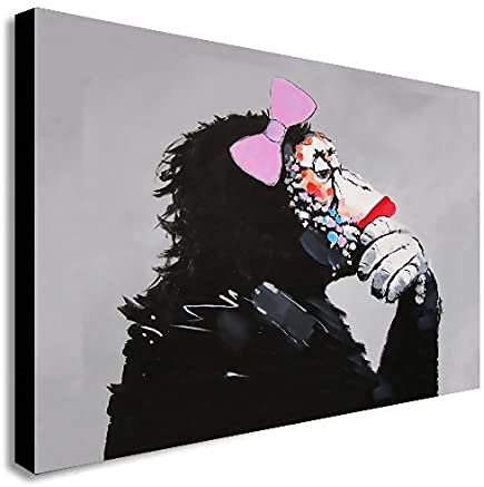 Banksy - Female Monkey Chimp Thinker - Canvas Wall Art Framed Print - Various Sizes (A3 16x12 inches)
