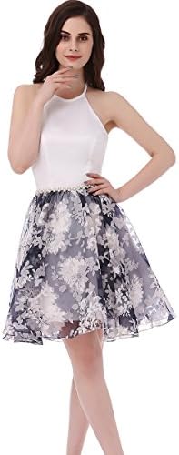 SHDRESS Halter Beaded Floral Organza Print Short Prom Homecoming Dresses (Large, Ink)