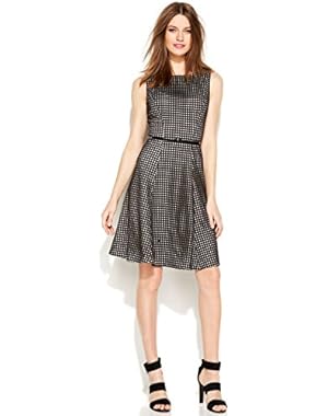 womens Petite Contrast Laser-Cut Belted Dress Black 10P