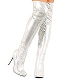 Breckelles BH08 Metallic Leatherette Round Toe Thigh High Stiletto Heel Boot - Silver