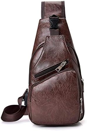 Men's Sling Bag Waterproof Leather Shoulder Chest Crossbody Bag with USB Charging Port (#6)