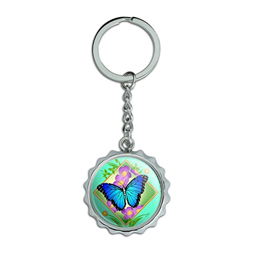 Blue Butterfly Purple Flowers Chrome Plated Metal Pop Cap Bottle Opener Keychain Key Ring