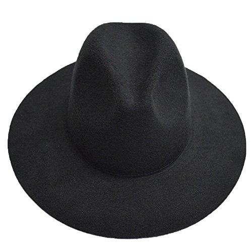 LETSQK Men's Vintage Black Wool Felt Wide Brim Fedora Hats Black