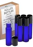 6 Blue Essential Oils Roller Bottles - FREE Recipe eBook for Roll-ons! - Useful for Aromatherapy - Mix with Fractionated Coconut, Jojoba, Almond and Other Carrier Oil - Solid Blue Glass (Not Painted)