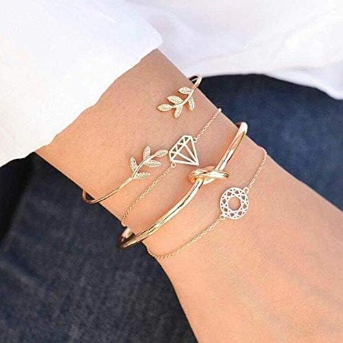 Yolandabecool 4 Pcs Women Bangle Rhinestone Cuff Bangle Heart Charm Bracelet B Style (E)