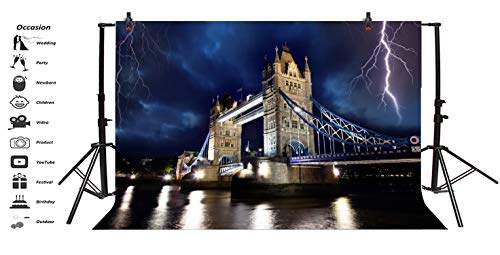 LFEEY 5x3ft Famous Tower Bridge of London Backdrop Vinyl Photography Background Tower Bridge in Storm Forked Lightning City Nightscape Backdrop Wallpaper Activity Background Photo Studio Props