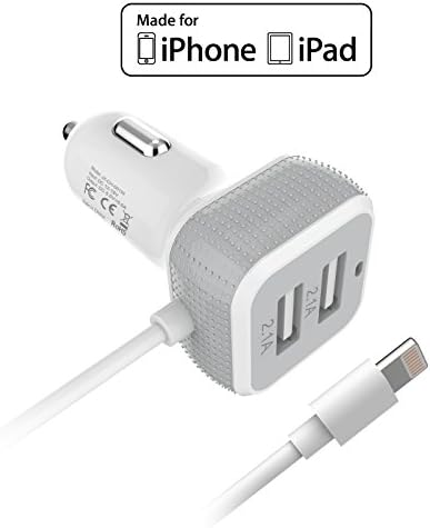 JANX Apple MFI Certified 6.6Amp (33 Watt) Dual USB Port Car with Built in Lightning Cable in Car Charger Designed for Apple and Android Devices - White