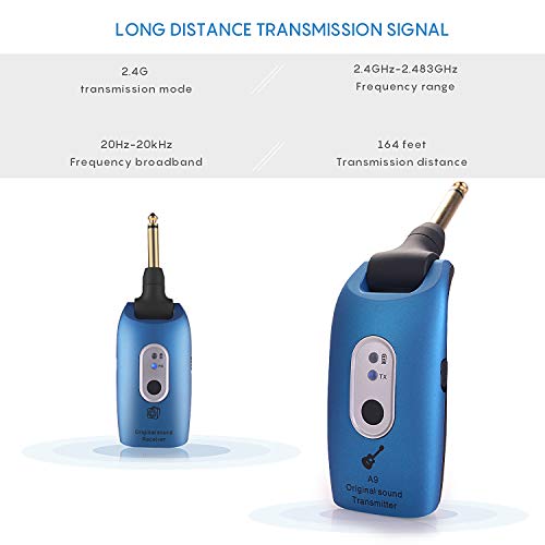 Wireless Guitar Transmitter & Receiver System 2.4G Wireless Audio Rechargeable 164ft Transmission Range for Electric Guitar Bass (Blue)