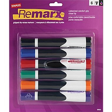 Staples Remarx Gripped Dry-Erase Markers, Chisel Tip, Assorted, 6/Pack