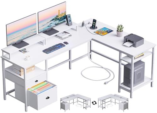 STAR BURN 66" Grande Escritorio en L de con Toma de Corriente,Escritorio Reversible para Computadora con Cajón para Archivos y 2 Soportes para Monitor,Escritorio para Oficina con Estantes Blanco