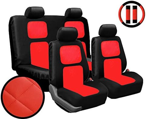 Super Plush 13 Piece Luxury Red Diamond Stitching Universal Leather Car Seat Cover Set w/Steering Wheel & Seat Belt Pads - Extra Thick