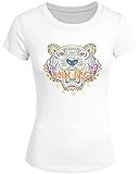 Kenzo Tiger Head Embroidered For Women's Printed Short Sleeve Tee Tshirt Small White