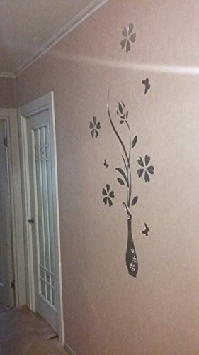 HEYING Mirror Flower Vase 3D Crystal Acrylic DIY Wall Stickers& Murals For Entranceway , Living Bedroom Dining Room Décor Home Decoration (15.75"39.37", Silver) - Thumbnail 3